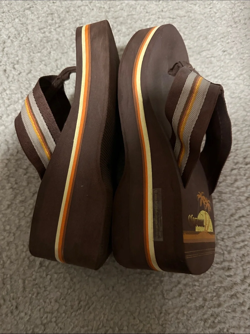 Corona Thong Wedge Brown Flip Flops with Yellow and Orange Sunset Palm Design